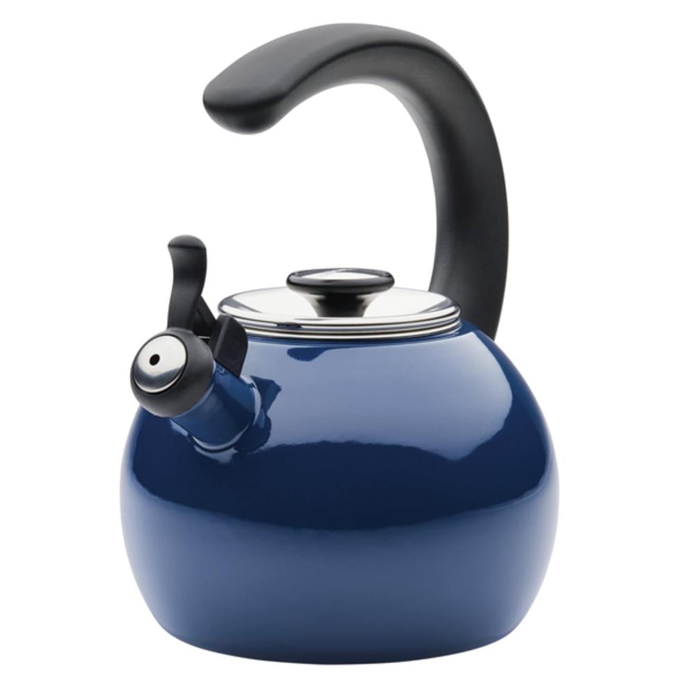 Meyer Circulon Enamel On Steel Whistling Tea Kettle | Hot Water Kettle with Heat-Resistant Phenolic Grip, 1.9 Liters | Gas stovetop and Induction Compatible, Blue 48168