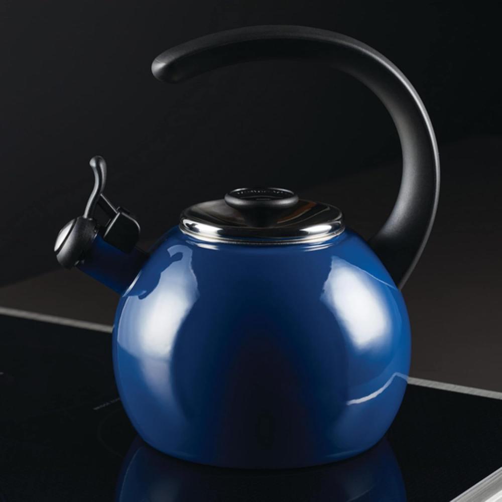 Meyer Circulon Enamel On Steel Whistling Tea Kettle | Hot Water Kettle with Heat-Resistant Phenolic Grip, 1.9 Liters | Gas stovetop and Induction Compatible, Blue 48168
