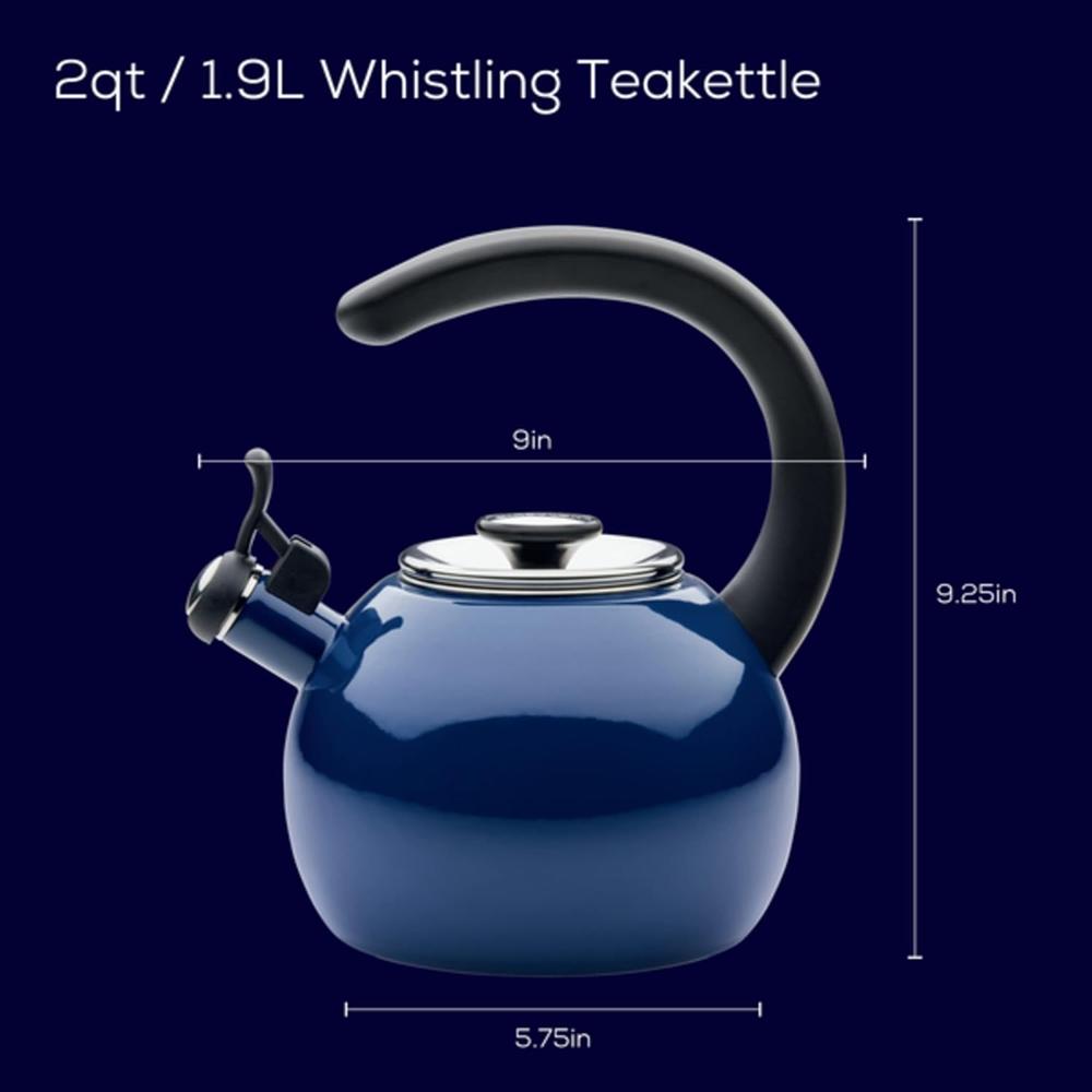 Meyer Circulon Enamel On Steel Whistling Tea Kettle | Hot Water Kettle with Heat-Resistant Phenolic Grip, 1.9 Liters | Gas stovetop and Induction Compatible, Blue 48168