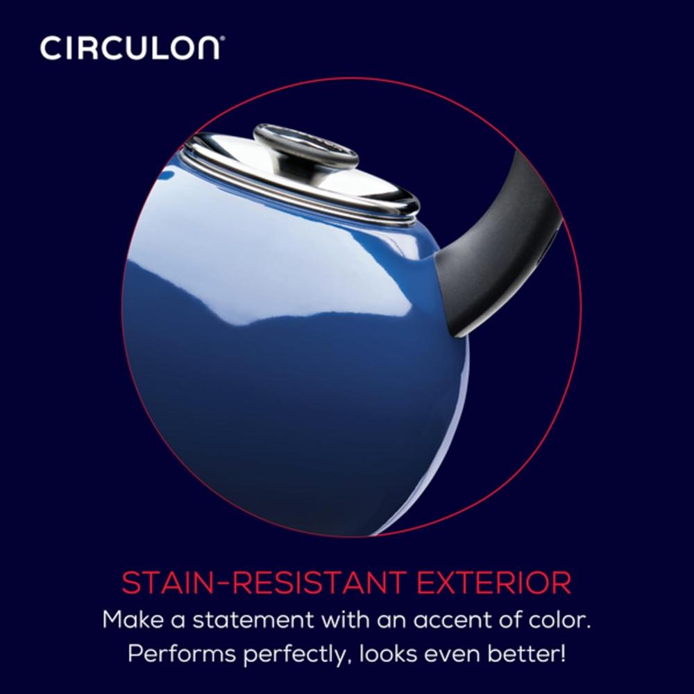 Meyer Circulon Enamel On Steel Whistling Tea Kettle | Hot Water Kettle with Heat-Resistant Phenolic Grip, 1.9 Liters | Gas stovetop and Induction Compatible, Blue 48168