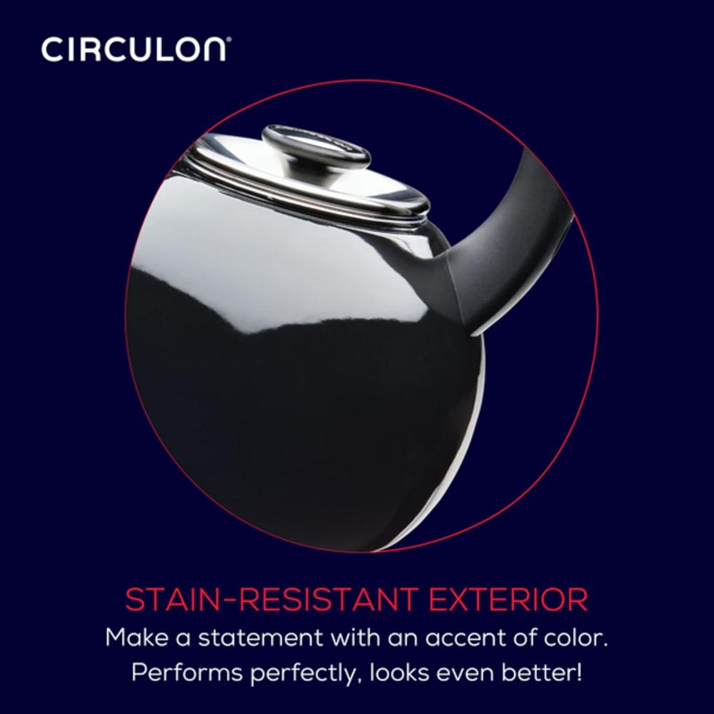 Meyer Circulon Enamel On Steel Whistling Tea Kettle | Hot Water Kettle with Heat-Resistant Phenolic Grip, 1.9 Liters | Gas stovetop and Induction Compatible, Black 48166