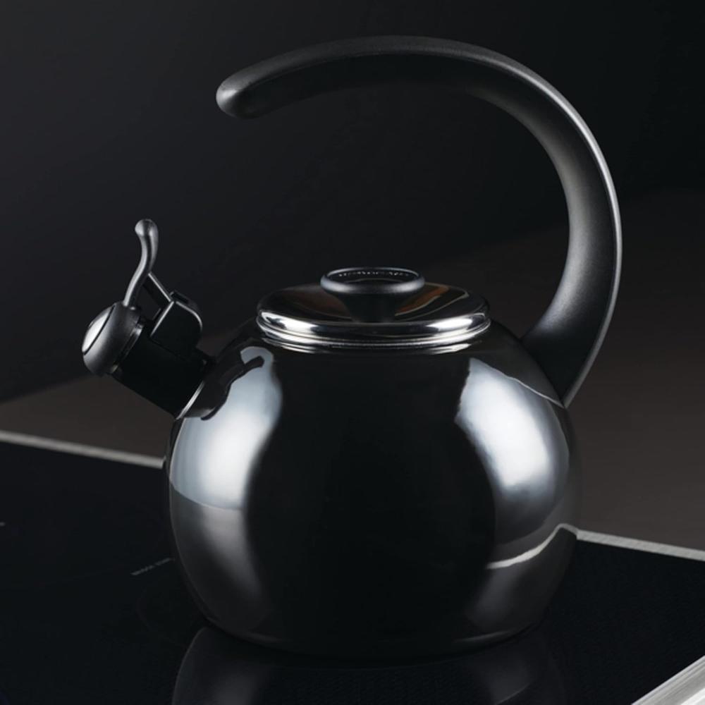 Meyer Circulon Enamel On Steel Whistling Tea Kettle | Hot Water Kettle with Heat-Resistant Phenolic Grip, 1.9 Liters | Gas stovetop and Induction Compatible, Black 48166