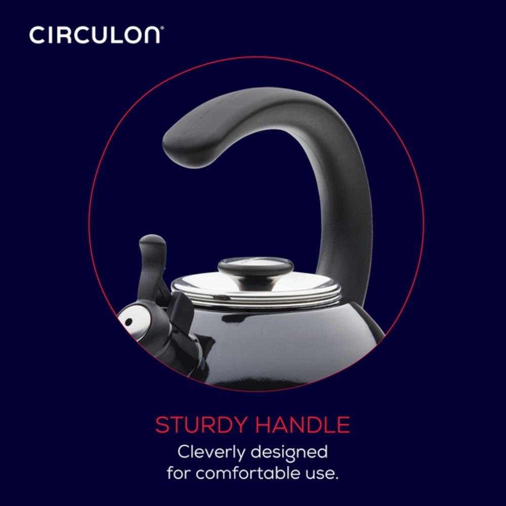 Meyer Circulon Enamel On Steel Whistling Tea Kettle | Hot Water Kettle with Heat-Resistant Phenolic Grip, 1.9 Liters | Gas stovetop and Induction Compatible, Black 48166