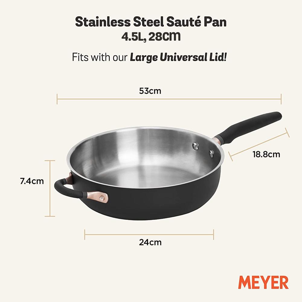 Meyer Accent Series Stainless Steel Saute Pan with Silicone Handle | Steel Frying Pan | Steel Pan | Frying pan with Induction Base, 4.5 Liters, 28cm, Black 70616