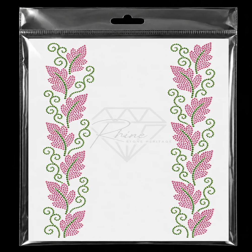 Premium Pink Floral Border Hotfix Rhinestone Transfer Sticker | Crystal Ethnic Border Heat Transfer Design for Garments