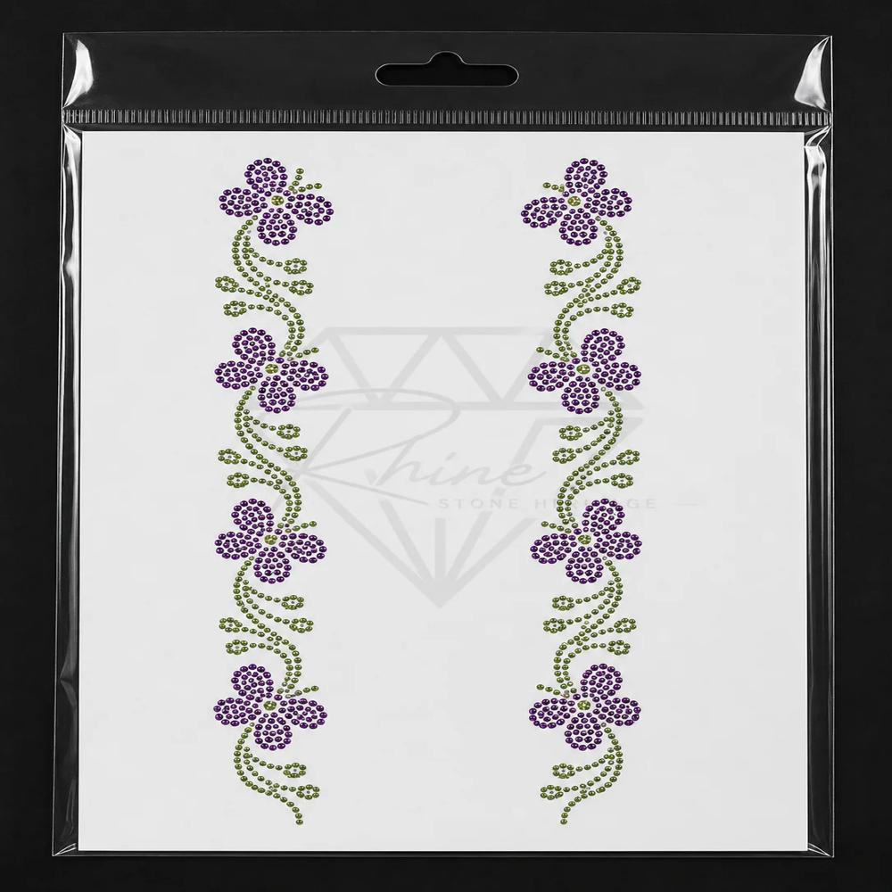 Premium Purple Floral Border Hotfix Rhinestone Transfer Sticker | Crystal Floral Heat Transfer Design For Kurtis & Ethnic Wear - Features: Easy To Apply
