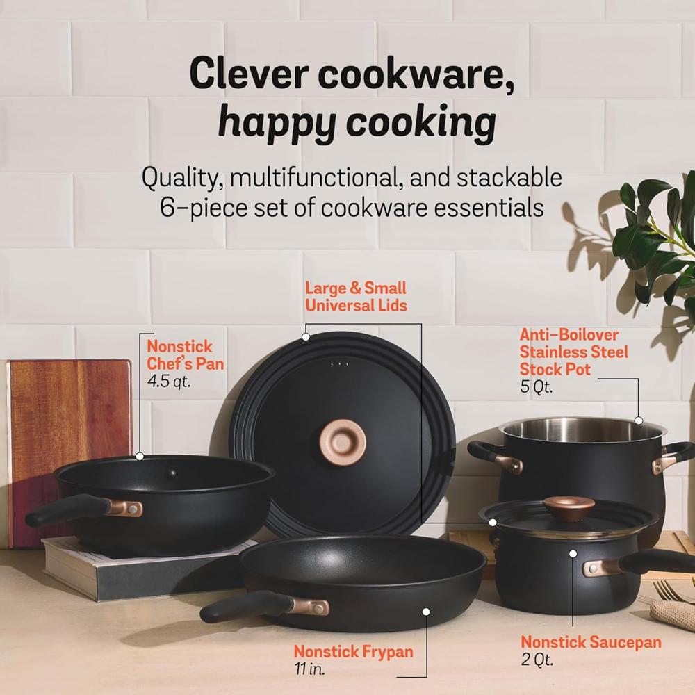 Meyer Accent Series - Hard Anodized Nonstick and Stainless Steel Pots and Pans/Essential Cookware Set/Induction&Gas Pan Set, Kitchen Set for Home, 6 Piece, Matte Black 81214
