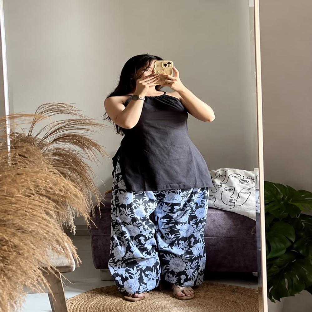 Moonlit Flora Co-ord Set - Sustainably Sourced Cotton Blend, Black & Floral Print | Relaxed Fit, Slip-on, Breathable, Wide-leg Pants