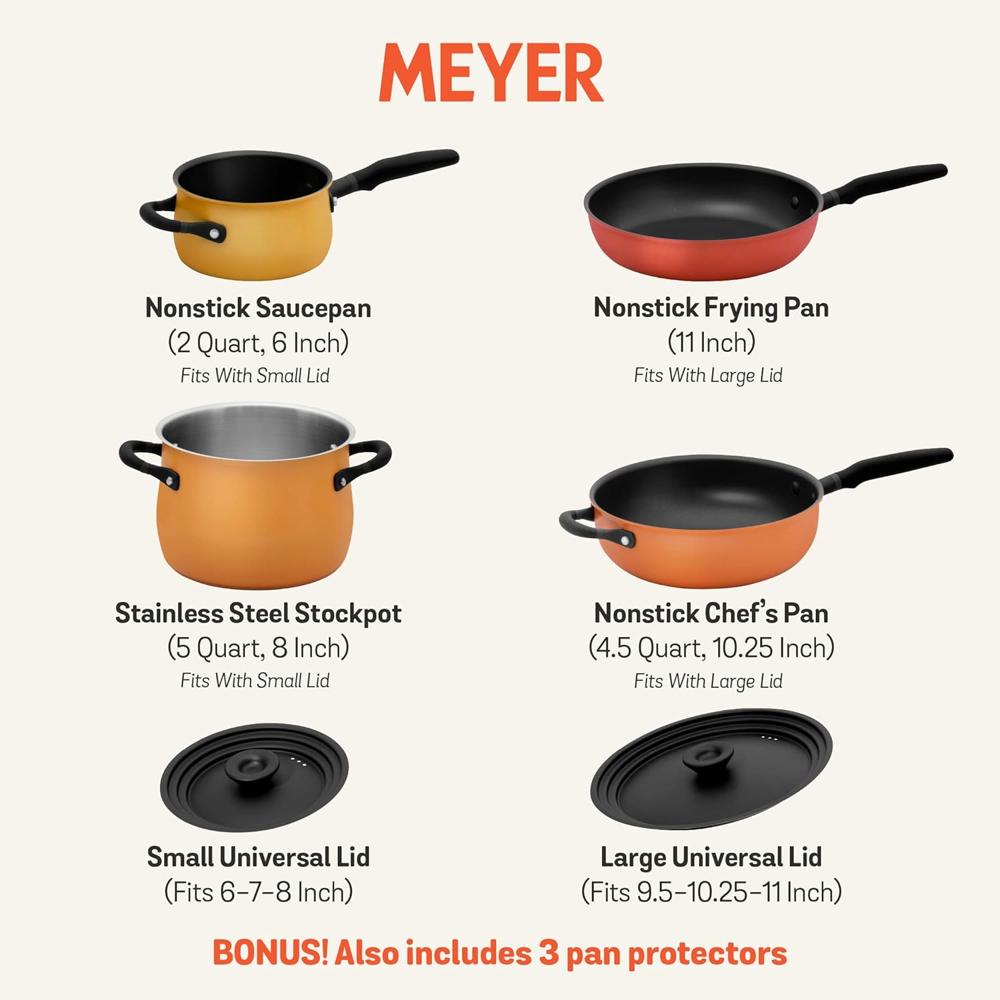 Meyer Accent Series Spark Edition 6 Piece Nonstick and Stainless Steel Cookware Set with Lids, Induction and Gas Compatible, Assorted Colors (Yolk Yellow, Pumpkin Orange, Persimmon Orange, Chili Red) 10567