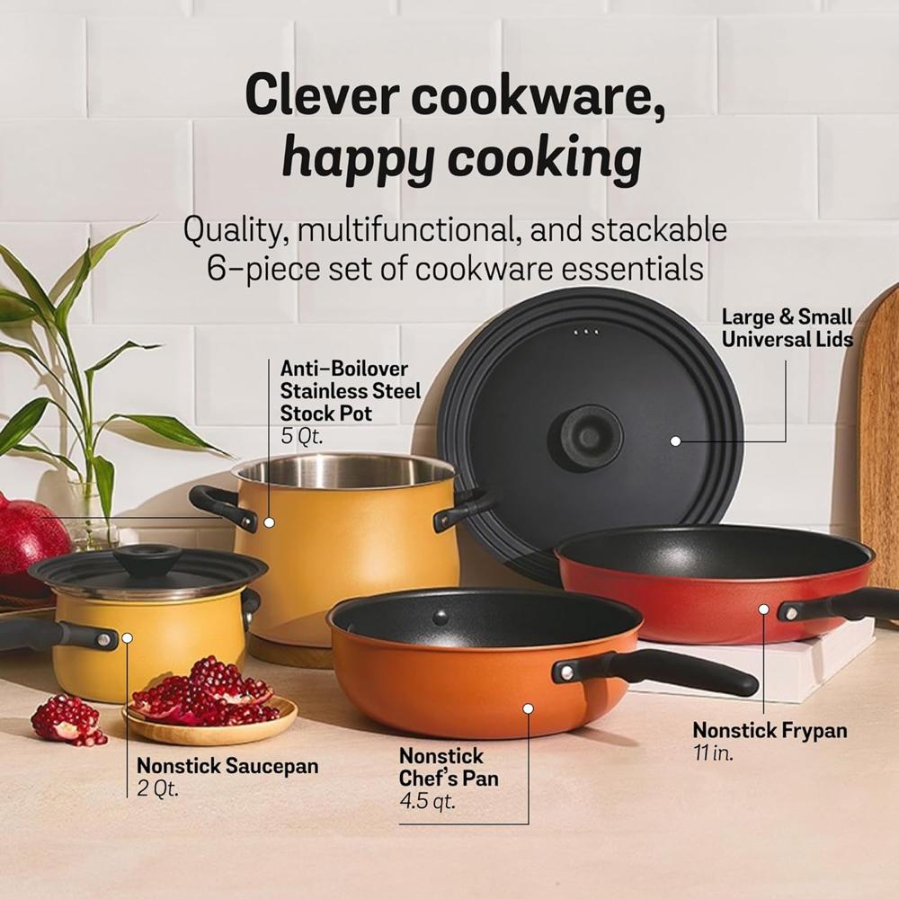 Meyer Accent Series Spark Edition 6 Piece Nonstick and Stainless Steel Cookware Set with Lids, Induction and Gas Compatible, Assorted Colors (Yolk Yellow, Pumpkin Orange, Persimmon Orange, Chili Red) 10567