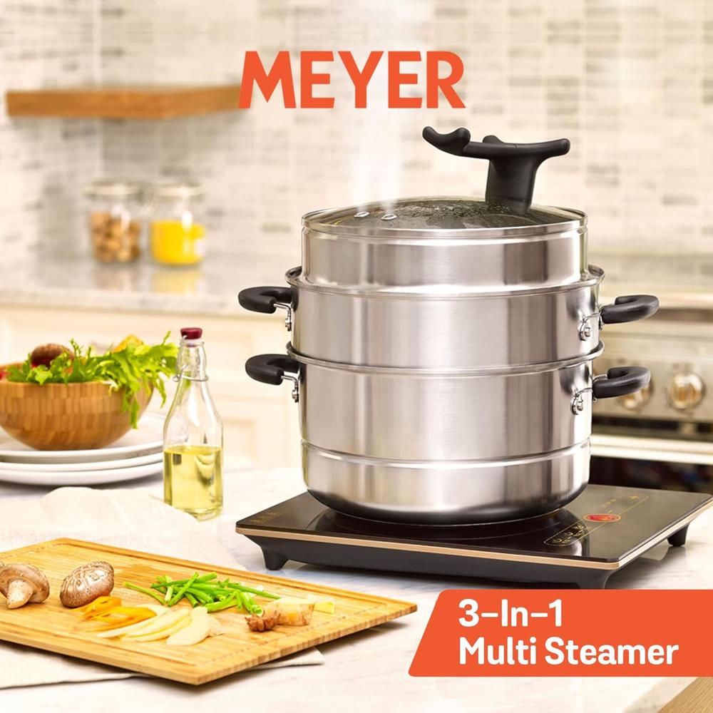 Meyer Stainless Steel 3 Level Multi Steamer for Vegetables Cooking | Idli Maker | Momo Steamer | Multi Cooker Rice Steamer with Induction Base, 28cm/8.5L, Silver 70050