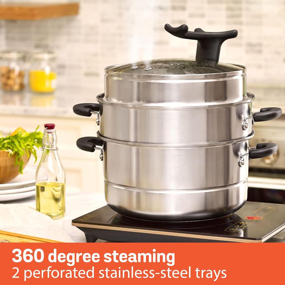 Meyer Stainless Steel 3 Level Multi Steamer for Vegetables Cooking | Idli Maker | Momo Steamer | Multi Cooker Rice Steamer with Induction Base, 28cm/8.5L, Silver 70050