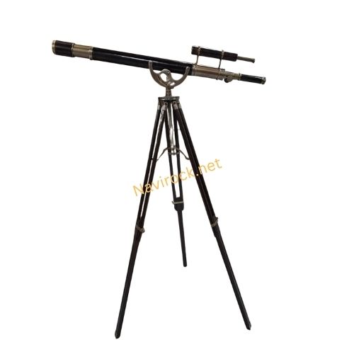  Telescope Double Barrel Antique Finish & Leather Wrap Nautical Floor Standing Wooden Tripod
