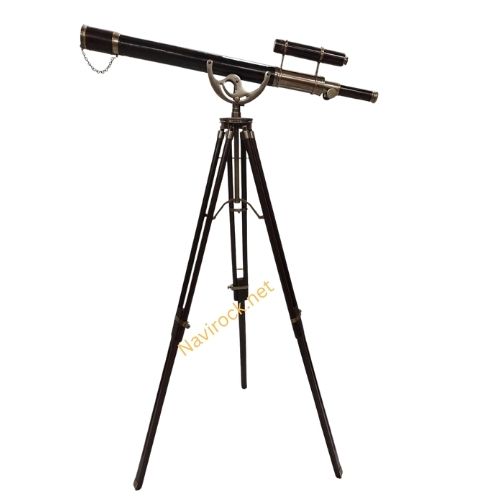  Telescope Double Barrel Antique Finish & Leather Wrap Nautical Floor Standing Wooden Tripod