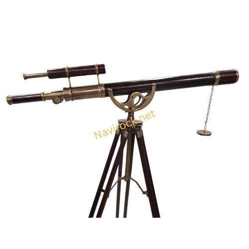  Telescope Double Barrel Antique Finish & Leather Wrap Nautical Floor Standing Wooden Tripod