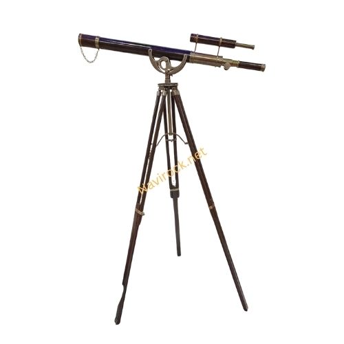  Telescope Double Barrel Antique Finish & Leather Wrap Nautical Floor Standing Wooden Tripod