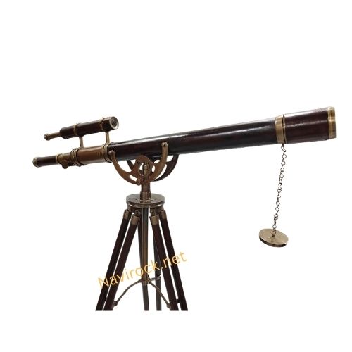  Telescope Double Barrel Antique Finish & Leather Wrap Nautical Floor Standing Wooden Tripod