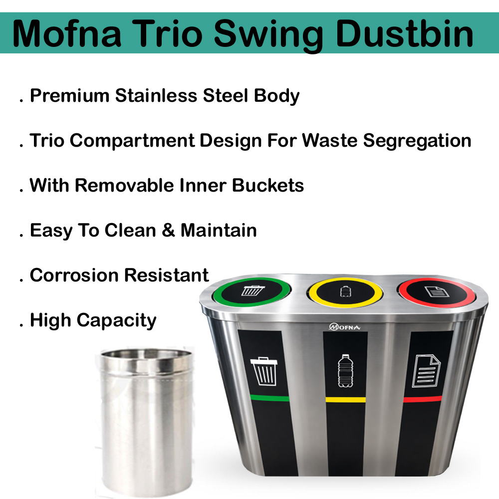 Mofna Stainless steel Trio Swing dustbin 180 Liter