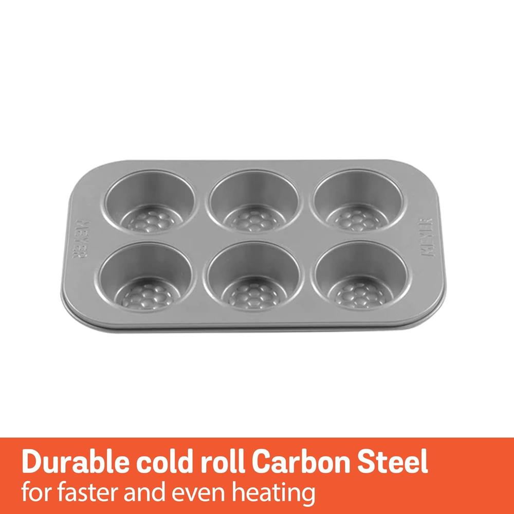 Meyer Bakemaster Carbon Steel Non Stick 6 Cup Muffin Pan | Cup Cake Mold | Cupcake Tray | Moulds for Baking | Nonstick Pan | Round Tray | Nonstick Bakeware, Grey 47536
