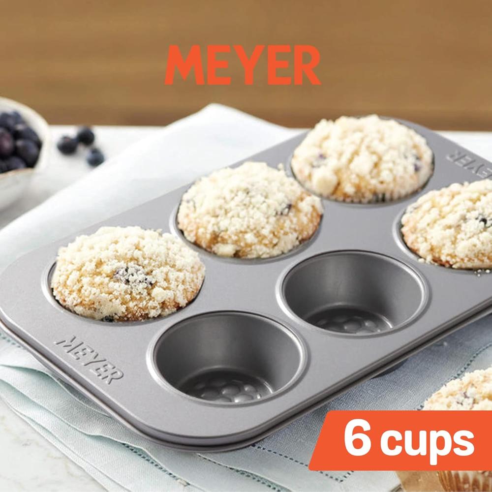Meyer Bakemaster Carbon Steel Non Stick 6 Cup Muffin Pan | Cup Cake Mold | Cupcake Tray | Moulds for Baking | Nonstick Pan | Round Tray | Nonstick Bakeware, Grey 47536