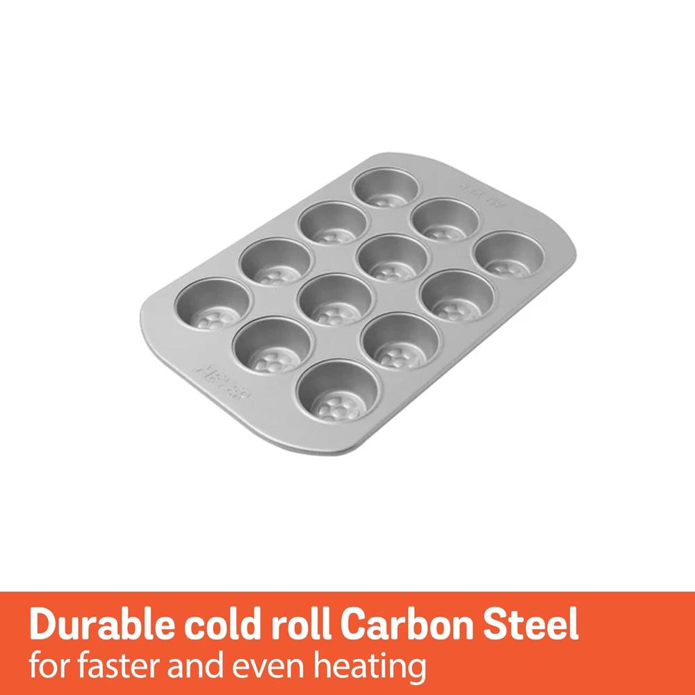 Meyer Bakemaster Carbon Steel Non Stick 12 Cup Muffin Pan | Cup Cake Mold | Cupcake Tray | Moulds for Baking | Nonstick Pan | Round Tray | Nonstick Bakeware, Grey 47341