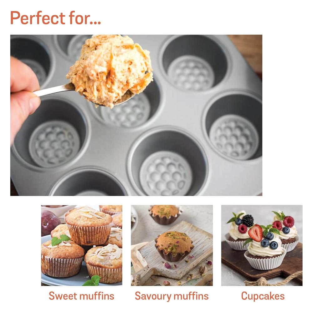 Meyer Bakemaster Carbon Steel Non Stick 12 Cup Muffin Pan | Cup Cake Mold | Cupcake Tray | Moulds for Baking | Nonstick Pan | Round Tray | Nonstick Bakeware, Grey 47341