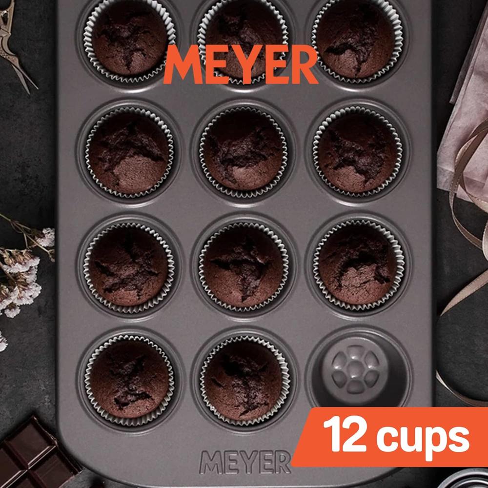 Meyer Bakemaster Carbon Steel Non Stick 12 Cup Muffin Pan | Cup Cake Mold | Cupcake Tray | Moulds for Baking | Nonstick Pan | Round Tray | Nonstick Bakeware, Grey 47341