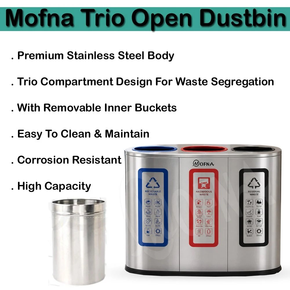 Mofna Stainless Steel Trio Dustbin 240 Liter