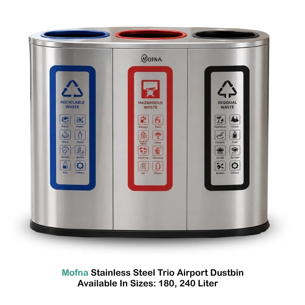 Mofna Stainless Steel Trio Dustbin 240 Liter