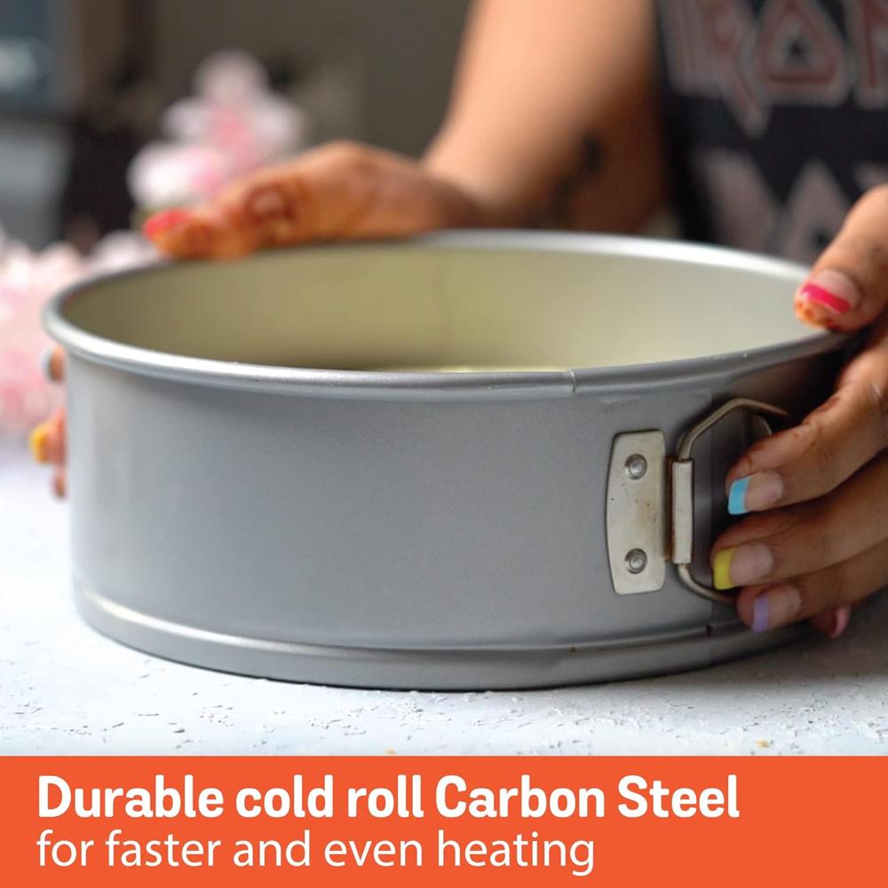 Meyer Bakemaster Carbon Steel Non Stick Springform Cake Tin | Baking Pan | Round Cake Mould | Cake Tin Small | Cake Tray for Baking | Removable Cake Mould | Spring Form pan, 18cm, Grey 47348
