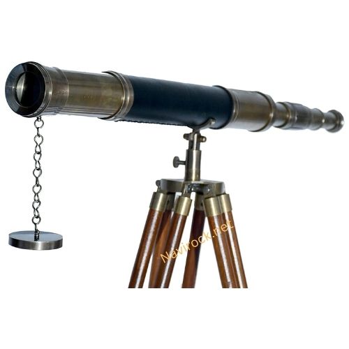 Nautical Floor Standing Antique Solid Brass Telescope with Wooden Tripod