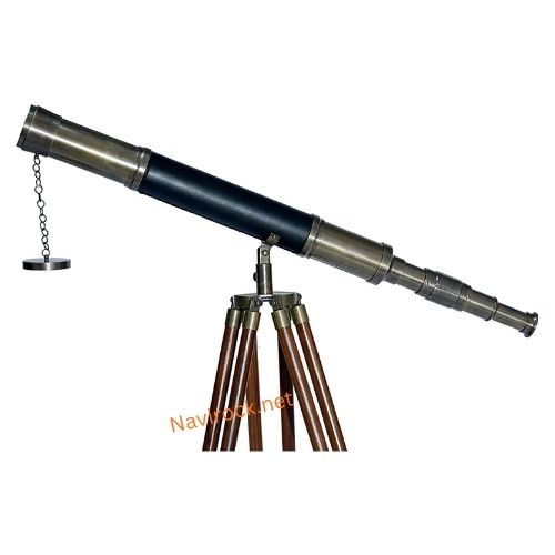 Nautical Floor Standing Antique Solid Brass Telescope with Wooden Tripod