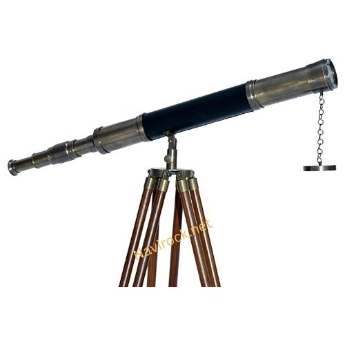 Nautical Floor Standing Antique Solid Brass Telescope with Wooden Tripod