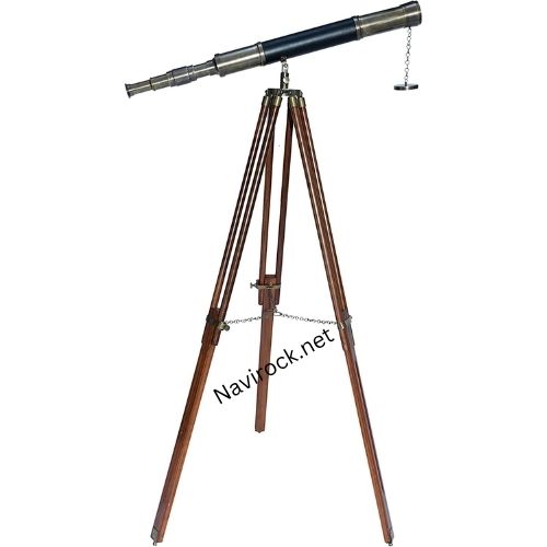 Nautical Floor Standing Antique Solid Brass Telescope with Wooden Tripod
