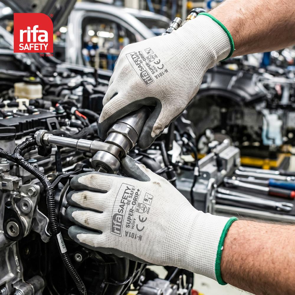 Rifa Safety N101A+ Super-Grip+ Premium Nitrile Coated Industrial Gloves (Grey/White)