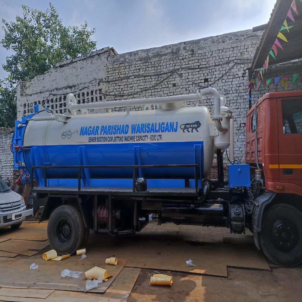 8000 Ltr Capacity Sewer Suction CuM Jetting Machine mounted on HCV Truck Chassis.