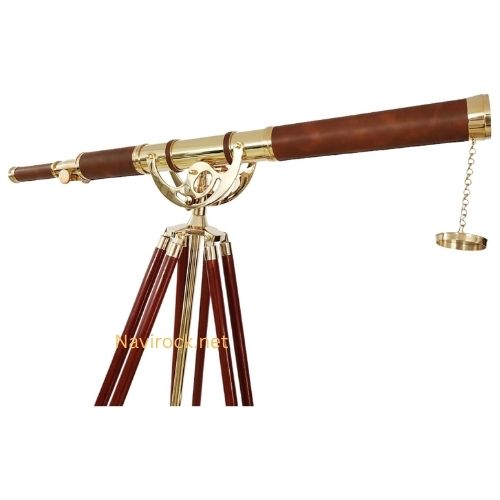 Vintage Antique Telescope Shiny Brass Finish Brown Leather Single Barrel