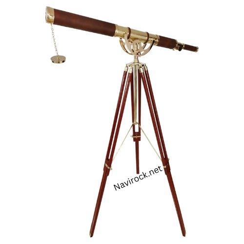 Vintage Antique Telescope Shiny Brass Finish Brown Leather Single Barrel