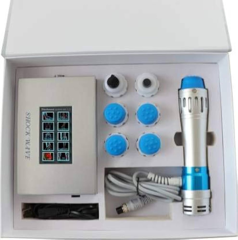 Compact Shock Wave Physiotherapy Machine - ABS Plastic & Medical Grade Steel, 32x25x12 cm, White & Blue | 5 Interchangeable Heads, Digital LCD Touch Screen, Noise-Reduced 60 dB, Auto Shut-Off, Programmable Timer
