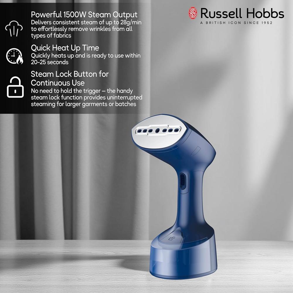 Russell Hobbs 1500W Foldable Handheld Garment Steamer | Quick Heat-Up in 25s, 24g Constant Steam Output with Lock Button | Brush Attachment & 99.9% Bacteria Removal | RGS1500HANDYF (Blue)