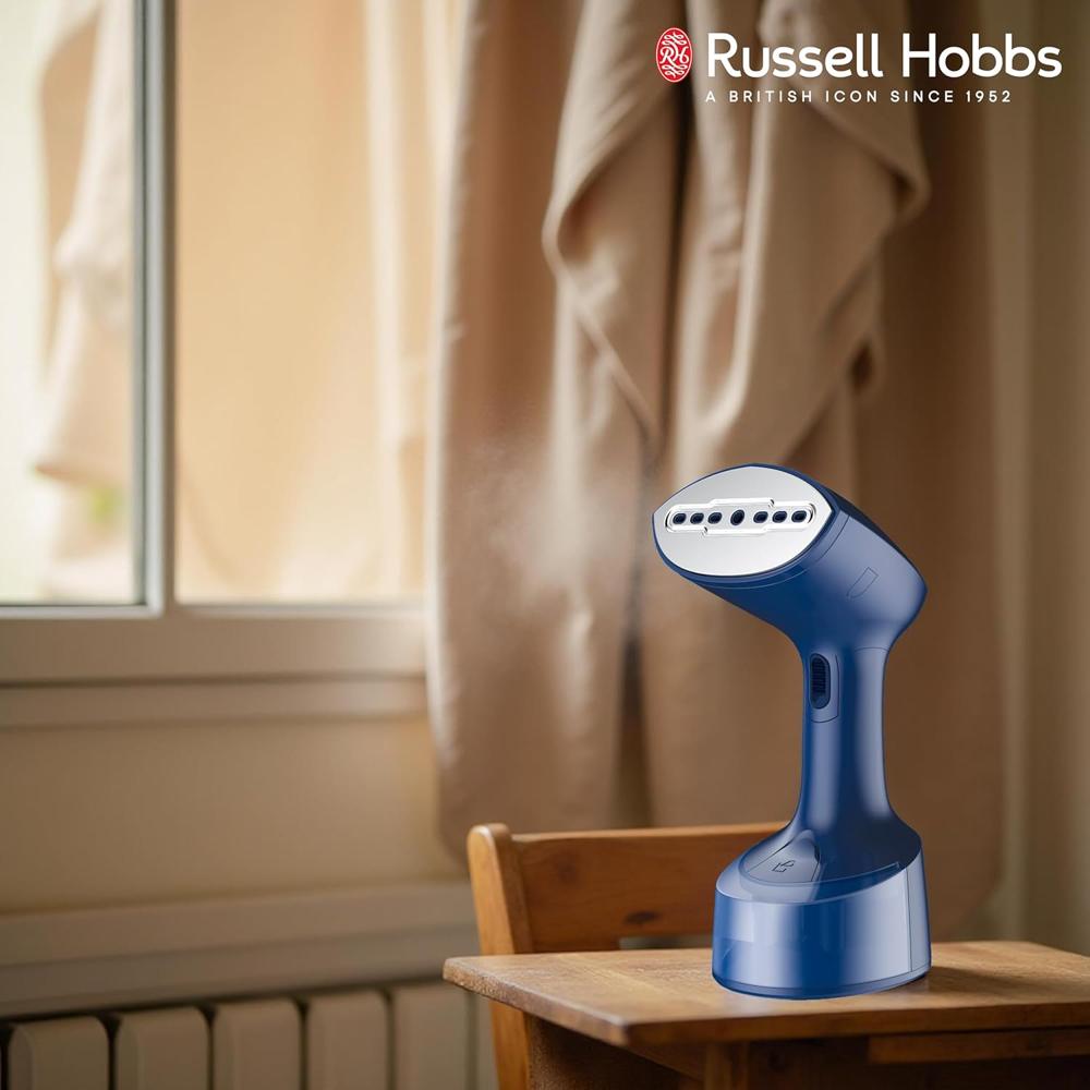 Russell Hobbs 1500W Foldable Handheld Garment Steamer | Quick Heat-Up in 25s, 24g Constant Steam Output with Lock Button | Brush Attachment & 99.9% Bacteria Removal | RGS1500HANDYF (Blue)