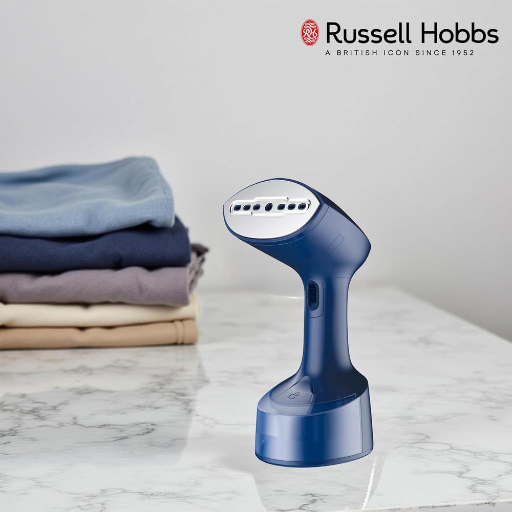Russell Hobbs 1500W Foldable Handheld Garment Steamer | Quick Heat-Up in 25s, 24g Constant Steam Output with Lock Button | Brush Attachment & 99.9% Bacteria Removal | RGS1500HANDYF (Blue)