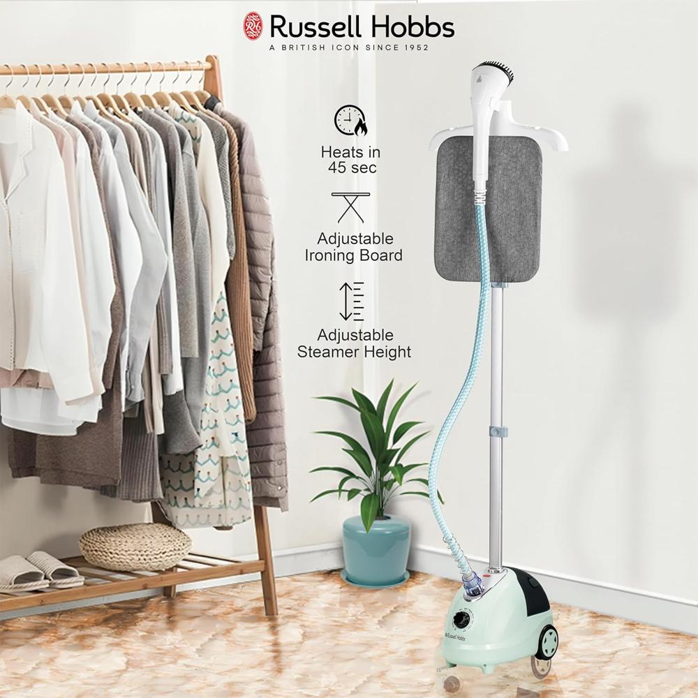 Russell Hobbs RGS2000SP Garment Steamer | 2000 Watts Powerful Steaming | 9 Steam Levels | 1.8L Detachable Tank | Adjustable Height (1.0-1.5M) & Ironing Board | Mobile With Wheels | 2-Year Warranty