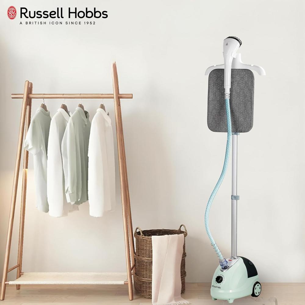 Russell Hobbs RGS2000SP Garment Steamer | 2000 Watts Powerful Steaming | 9 Steam Levels | 1.8L Detachable Tank | Adjustable Height (1.0-1.5M) & Ironing Board | Mobile With Wheels | 2-Year Warranty