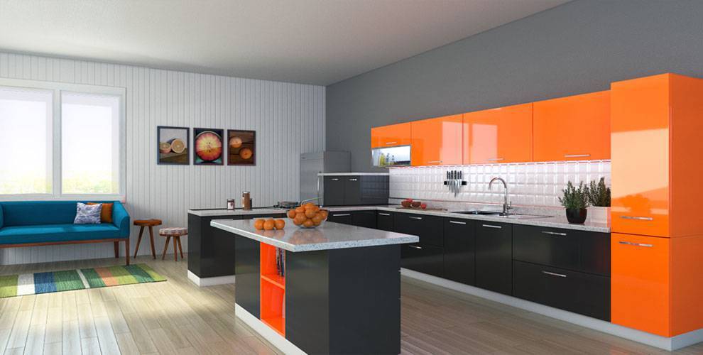 Orange Black Island Modular Kitchen