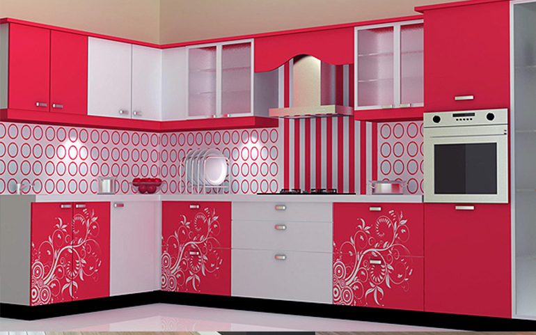 Red White Designer Modular Kitchen
