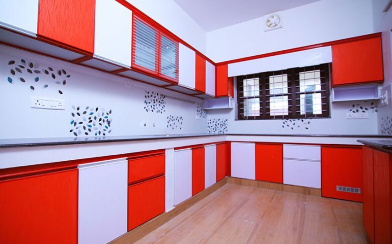 Red White L Shaped Modular Kitchen