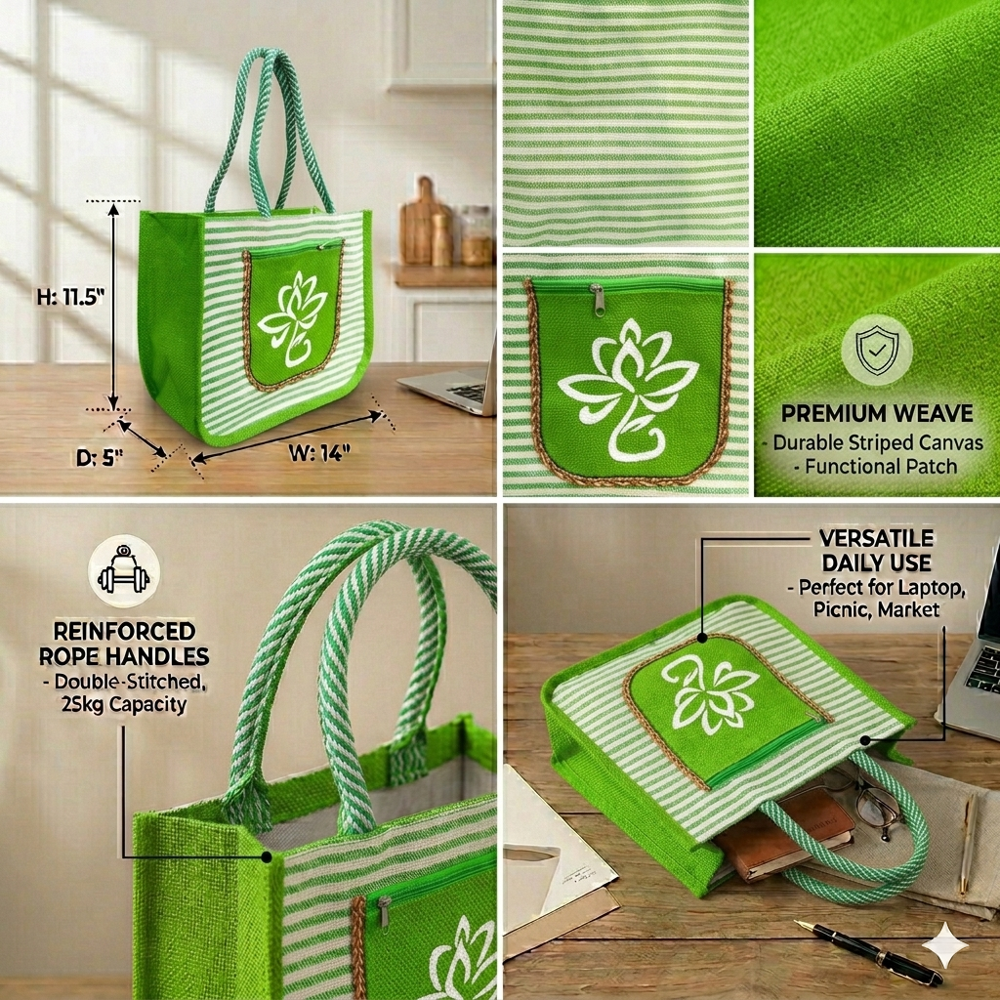 14x12x5 8 GSM Green Canvas Jute Bag