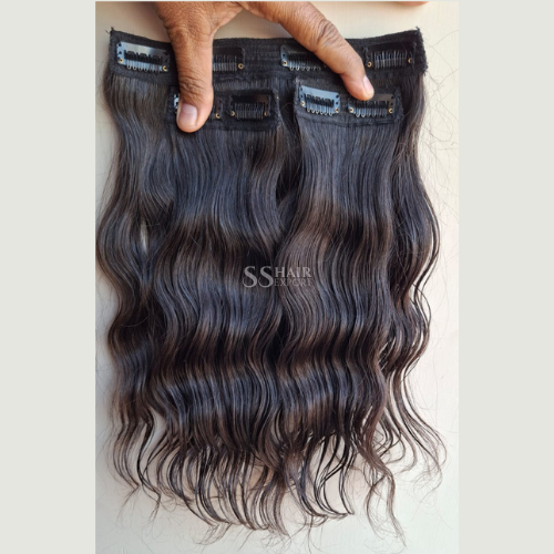 Clip In Hair Extensions Human Hair Indian Wavy Natura Black Hair 22inch | 120gm