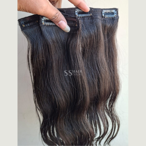 Clip In Hair Extensions Human Hair Indian Wavy Natura Black Hair 22inch | 120gm